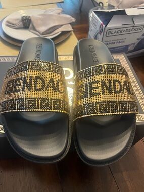 Fendi Black Slide Sandals with Gold Beaded Strap
